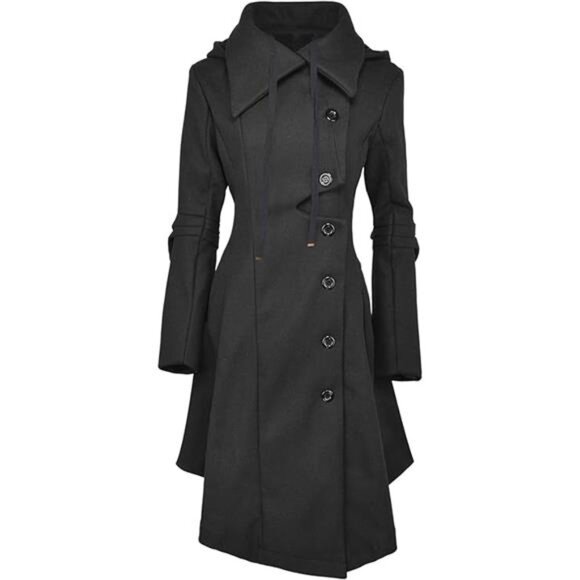 Long Trench Pea Coat for Women - Wool Winter Trench Coat Goth Lapel Peacoat - Picture 7 of 7